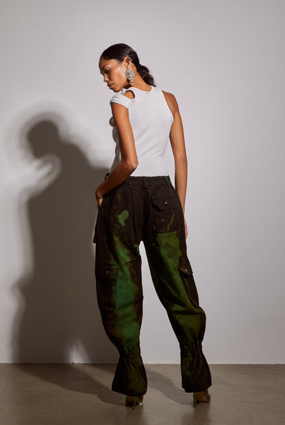 Nina Denim Cropped Cargo Pants in Slime Splash Green