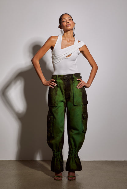 Nina Denim Cropped Cargo Pants in Slime Splash Green