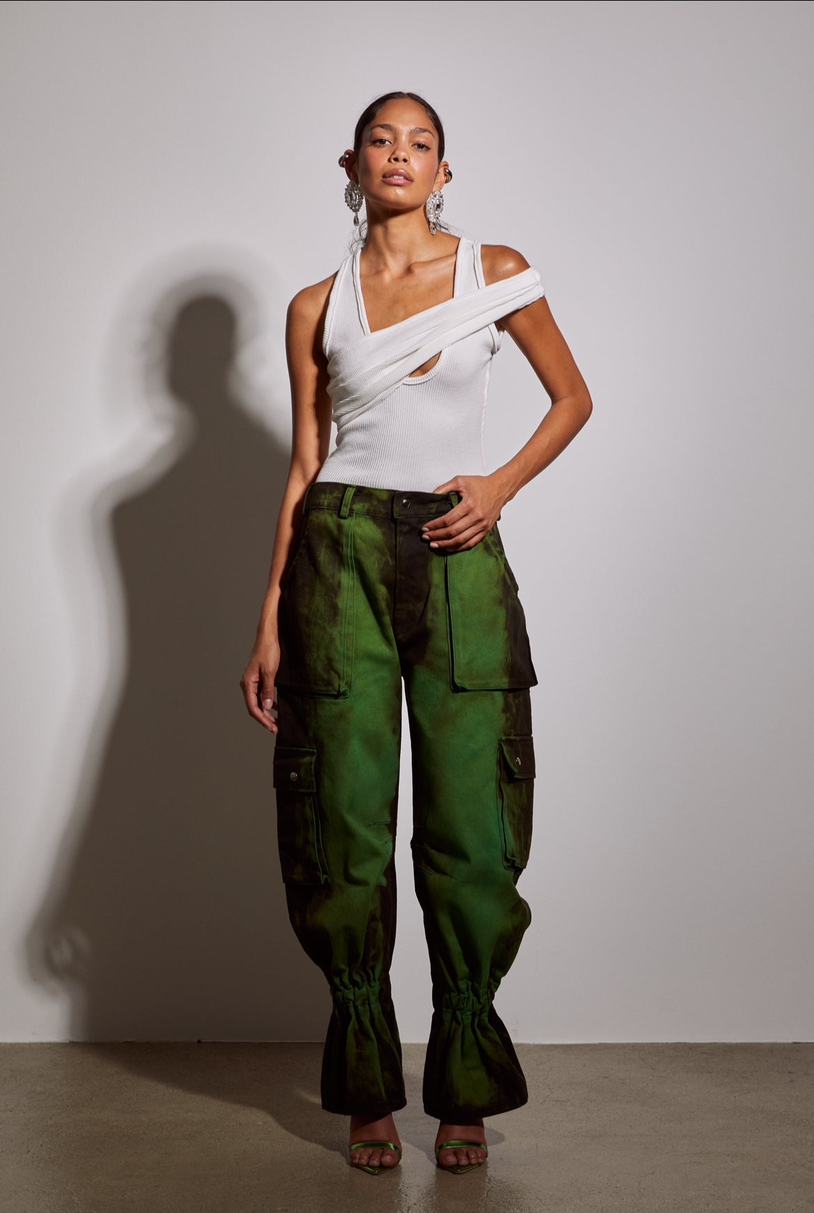 Nina Denim Cropped Cargo Pants in Slime Splash Green